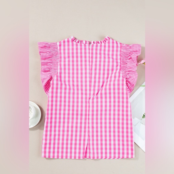 Ruffled Plaid Mock Neck Cap Sleeve Blouse - Picture 4 of 11